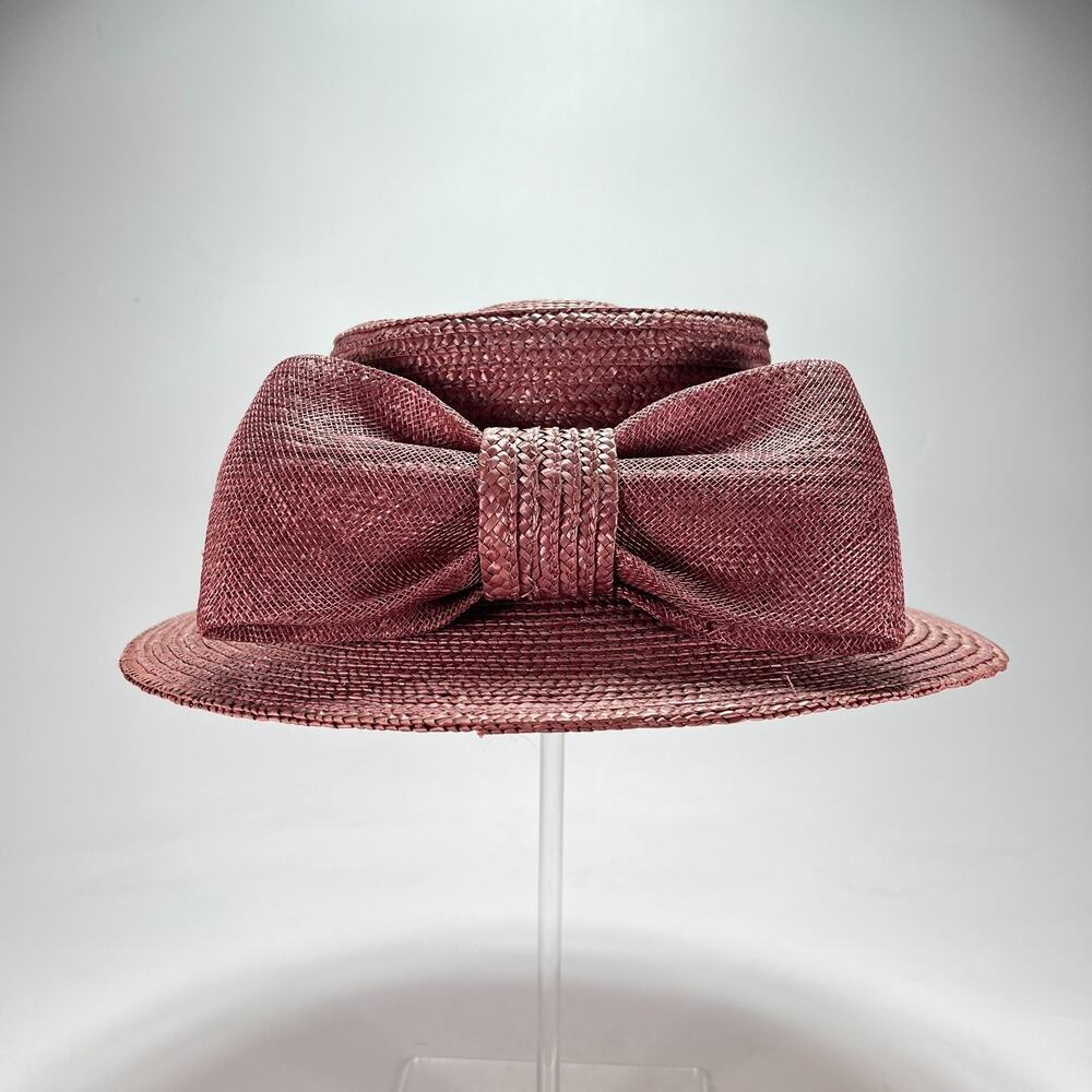 Vintage Betmar New York Dusty Pink Straw Boater Mesh Bow Church Derby Hat Womens